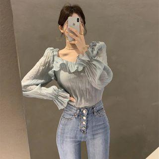 Bell-sleeve Plain Ruffle Trim Blouse