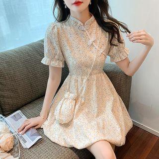Set: Puff-sleeve Floral A-line Dress + Crossbody Bag