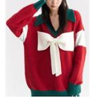 Color Block Bow Sweater White Bow - Red & Green - One Size
