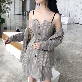 Plaid Blazer / Plaid Spaghetti-strap A-line Mini Dress