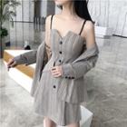 Plaid Blazer / Plaid Spaghetti-strap A-line Mini Dress
