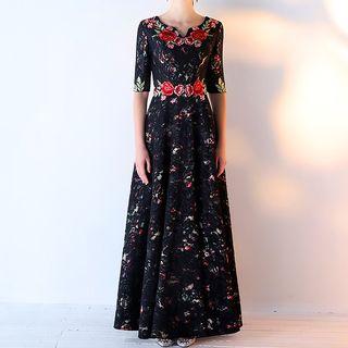 Floral Embroidered Elbow-sleeve Evening Gown