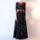 Floral Embroidered Elbow-sleeve Evening Gown
