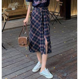 Plaid Tie-waist Slit Skirt