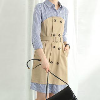 Mock Two-piece Long-sleeve Pinstriped Mini A-line Shirtdress