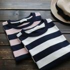 Elbow-sleeve Striped Crewneck T-shirt