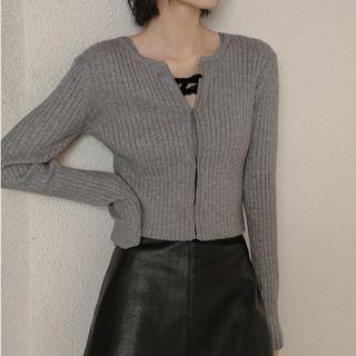 Set: Ribbed Knit Cardigan + Strappy Camisole Top Set Of 2 - Cardigan & Camisole Top - Gray - One Size