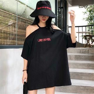 Off Shoulder Elbow-sleeve Lettering T-shirt Dress
