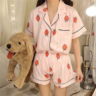 Set:strawberry Printed Short-sleeve Top + Shorts