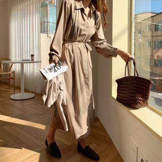 Pintuck Pocket-front Maxi Shirtdress With Sash Beige - One Size