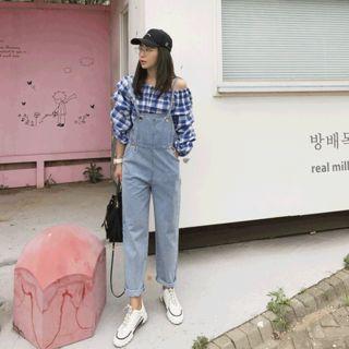 Drawstring-waist Denim Jumper Pants Light Blue - One Size