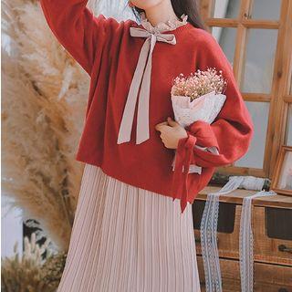 Set: Loose-fit Sweater + Ruffled Tie-neck Dress