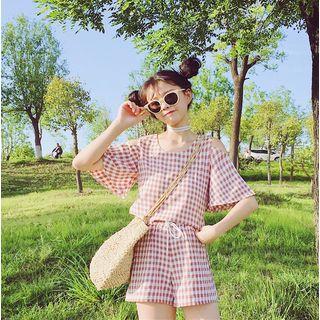 Set: Plaid Short-sleeve Top + Drawstring Shorts