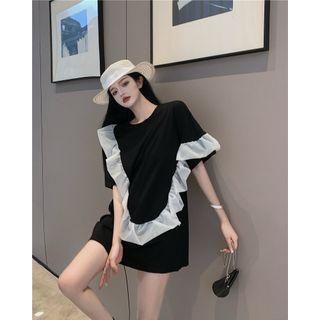 Short-sleeve Ruffle Mini T-shirt Dress Black & White - One Size