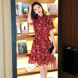Short-sleeve Star Print A-line Dress Star Print - Red - One Size