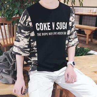 Elbow-sleeve Camo Print Panel T-shirt