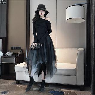 Long-sleeve T-shirt / Midi A-line Mesh Skirt
