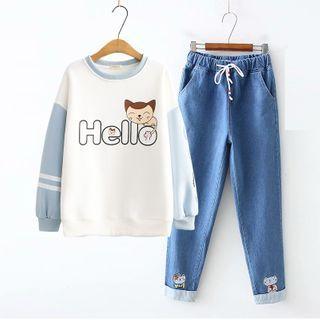 Set: Cat Print Sweatshirt + Straight-leg Jeans