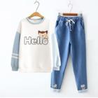 Set: Cat Print Sweatshirt + Straight-leg Jeans