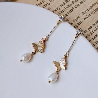 Butterfly Freshwater Pearl Dangle Earring A292 - 1 Pair - Gold - One Size