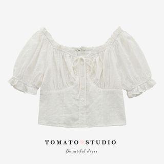Square-neck Plain Bow Crop Blouse White - One Size