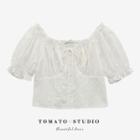 Square-neck Plain Bow Crop Blouse White - One Size
