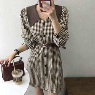 Long-sleeve Gingham Button-up Mini Dress