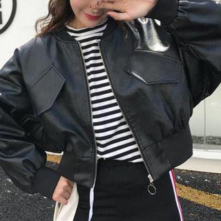 Faux Leather Bomber Jacket Black - One Size