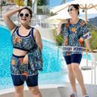 Set: Printed Bikini Top + Shorts + Short Sleeve Cover-up