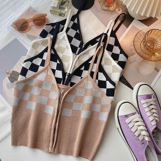 Two-tone Plaid Knit Tank Top