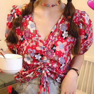 V-neck Drawstring Lantern Sleeve Top