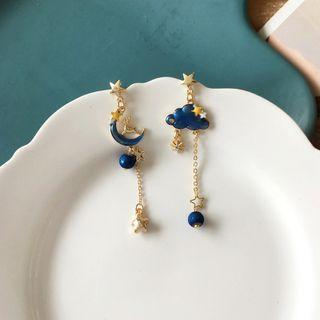 Cloud Moon Asymmetrical Alloy Dangle Earring 1 Pair - Blue & Gold - One Size