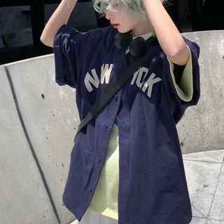 Short Sleeve Letter Applique Oversized Shirt Jacket