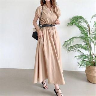 Cap-sleeve Gathered-waist Shirred Shirtdress