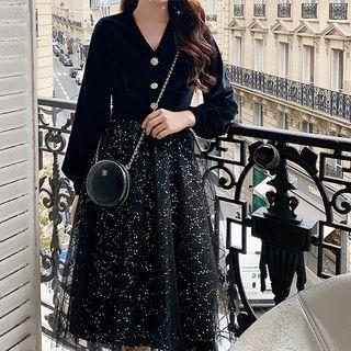 V-neck Long-sleeve Sequined Midi A-line Mesh Dress
