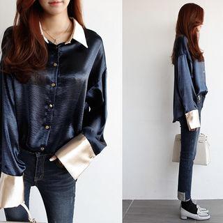 Contrast-collar Wide-cuff Satin Shirt