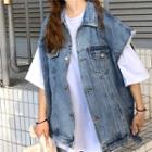 Distressed Loose-fit Denim Vest Blue - One Size