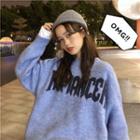 Long-sleeve Lettering Knit Sweater Blue - One Size