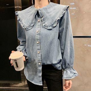 Frilled Collar Denim Shirt As Shown In Figure - One Size