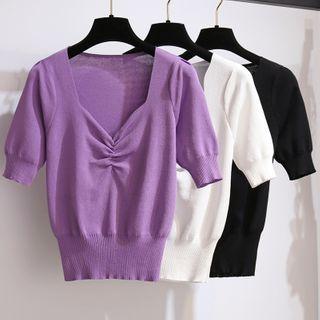 Shirred-front Short-sleeve Knit Top