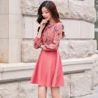 Set: Floral Panel A-line Dress + Cropped Vest