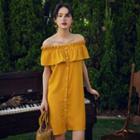 Plain Off-shoulder Button Mini A-line Dress