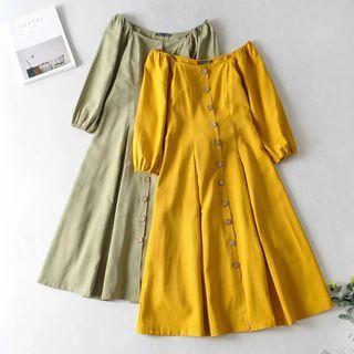 Plain Button Midi A-line Dress