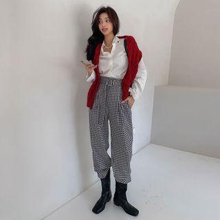 High-waist Checked Wide-leg Pants With Belt