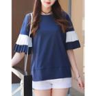 Color Block Pleated Elbow Sleeve T-shirt