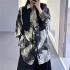 Set: Patterned Chiffon Shirt + Cropped Vest Set - Black & Gray - One Size