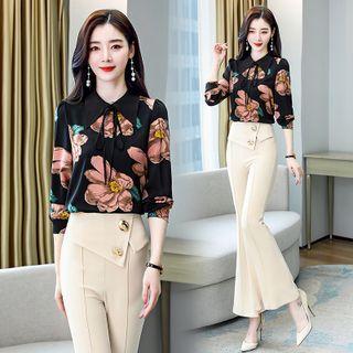 Set: Long Sleeve Floral Print Top + Plain Boot-cut Dress Pants