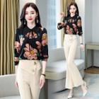 Set: Long Sleeve Floral Print Top + Plain Boot-cut Dress Pants