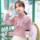 Lace Panel High-neck Long-sleeve Blouse