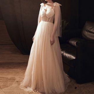 Spaghetti-strap Sequined Mesh A-line Evening Gown